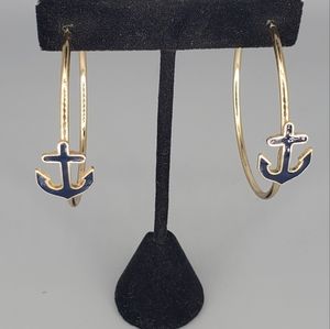 Goldtone Blue Anchor Hoop Earrings